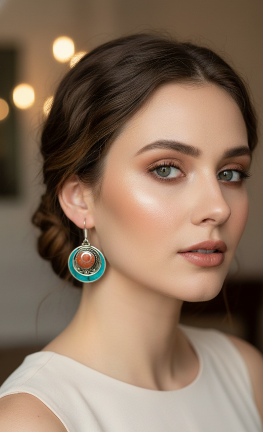 Indiriva Coral & Turquoise Inlaid Stone Earring|Tribal Moon