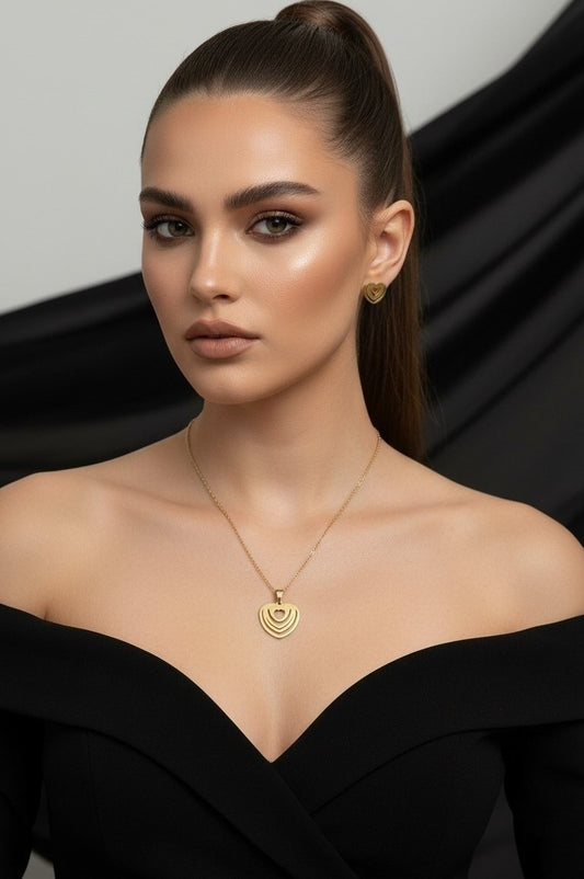 Indiriva Golden Aura Heart Set – Pendant Necklace & Stud Earrings